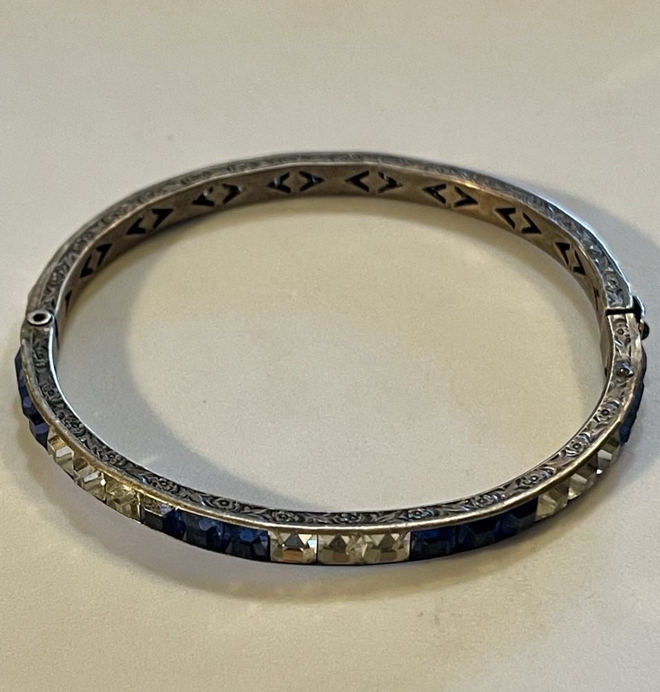 1930s Art Deco Channel Set Foiled Glass Sterling Silver Bracelet **FOR REPAIR**