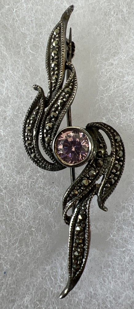 Vintage Pink Amethyst Markasite + .925 Sterling Silver Pin Brooch 2.25”