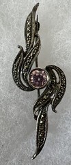 Vintage Pink Amethyst Markasite + .925 Sterling Silver Pin Brooch 2.25”