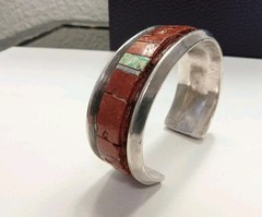 Vintage Sterling Silver Red Coral Turquoise Cuff Signed by D. Nightengale 1970s