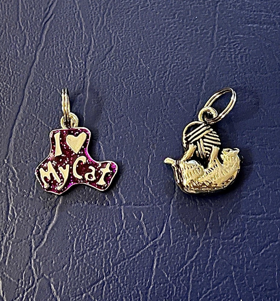 2 Vintage (’90s) Cat Themed Silver Charms -Pendants – for Bracelet ~ Never Worn