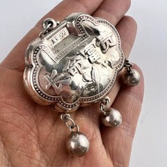 Large Antique Chinese Lock Charm Silver 999 Ethnic Pendant Amulet Rooster Bells