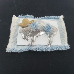 Vtg Denim Buffalo Brooch Hand Made 2×1 inches Unique Brooch Silver & Gold Tones