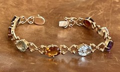 Vintage C.1950s 14Kt Rose Gold Natural Oval Multi-Gemstones Link Bracelet 7.5”in
