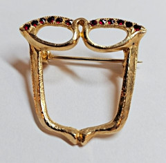 vtg Goldtone Brooch Pin Cat-Eye Glasses w/ Red Stones- S3
