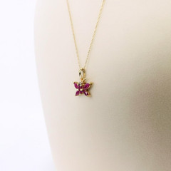 Vintage Ruby and Diamond 10k Gold Butterfly Necklace, July Birthday, Petite, 90s