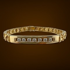Vintage 14K Gold Nugget Style Link Bracelet 0.49ct Diamond Bar Unisex, 7″ 18.4g