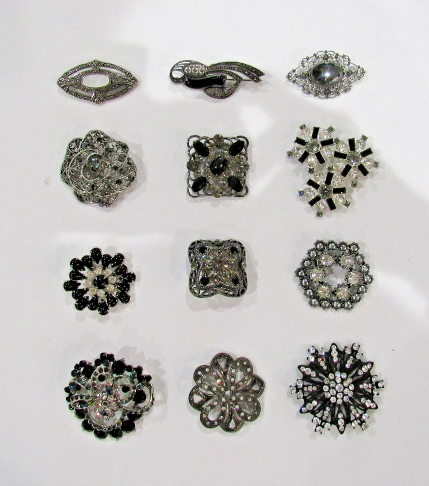 Vintage Black Clear Rhinestones Crystals Brooches Pins (lot of 12)