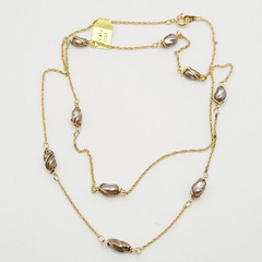 Barrel Pearl Neutral Tone Gold Plated Station Necklace Vtg Korea 24 Inch w Tag