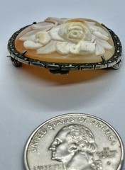 Vintage Carved Shell Rose Cameo Pin Brooch Pendant High Relief 800 Silver Frame