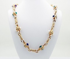 Estate KAREL Pearl & Multistone Link 17.5″ Necklace in Sterling Silver & Vermeil
