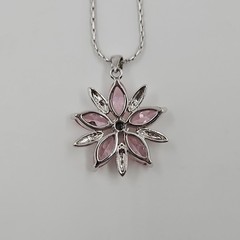 Vintage COOKIE LEE Pink Rhinestone Flower Pendant Necklace Silver Tone Chain