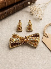 Vintage 1960s Amber & Topaz Rhinestone Bow Brooch and Clip-On Earrings Set