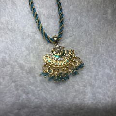 Vintage Indian Style, Gold, Toned Pendant necklace, Twisted Teal Silk Dori Cord