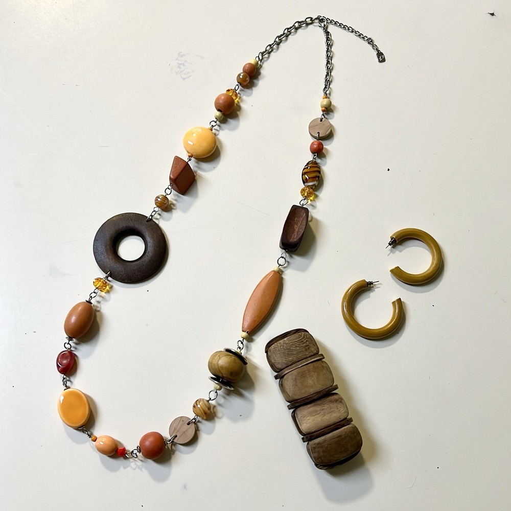 Women’s Vintage Boho Style Brown Wooden Glass bead Necklace Bracelet Earring Set
