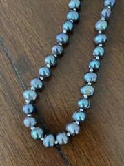 Freshwater Pearl Necklace 16″ Hand Knotted Peacock Iridescent 925 Clasp