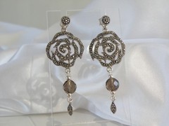 Vintage Sterling Silver 925 Floral Smoky Quartz Marcasite Drop Dangle Earrings