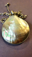 South sea mother of pearl pendant on 16″ silvertone chain with extender by Ivana