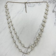 Faux Pearl Beaded Double Strand Gold Tone Necklace
