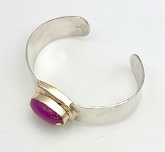 Vintage 14K Solid Yellow Gold & Sterling Silver MCM Cuff Bracelet Pink Cabochon
