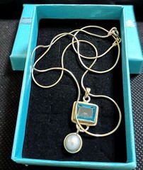 Vintage Silver 925 Genuine Sky Blue Topaz Drop Pearl Pendant Italy 16″ Chain