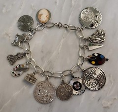 Sterling Silver Charm Bracelet w/ 14 Misc. Dangle Charms ~ 43.5g ~ 1-E110