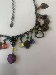 Vintage brass antique tone metal chain cluster bead necklace heart Charms. N61