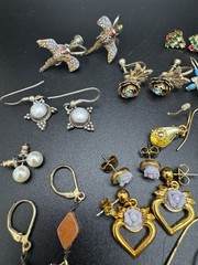 Vintage Earrings Lot 17 Pairs Avon Cameo Heart Dangle Rose Bird Mixed Styles