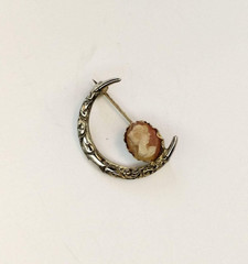 Vintage Antique Silver Tone Floral Crescent Moon Cameo Brooch Pin
