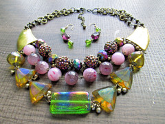 Vintage Statement Necklace Chunky Multi Strand Beads Glass & Lucite AB Chain