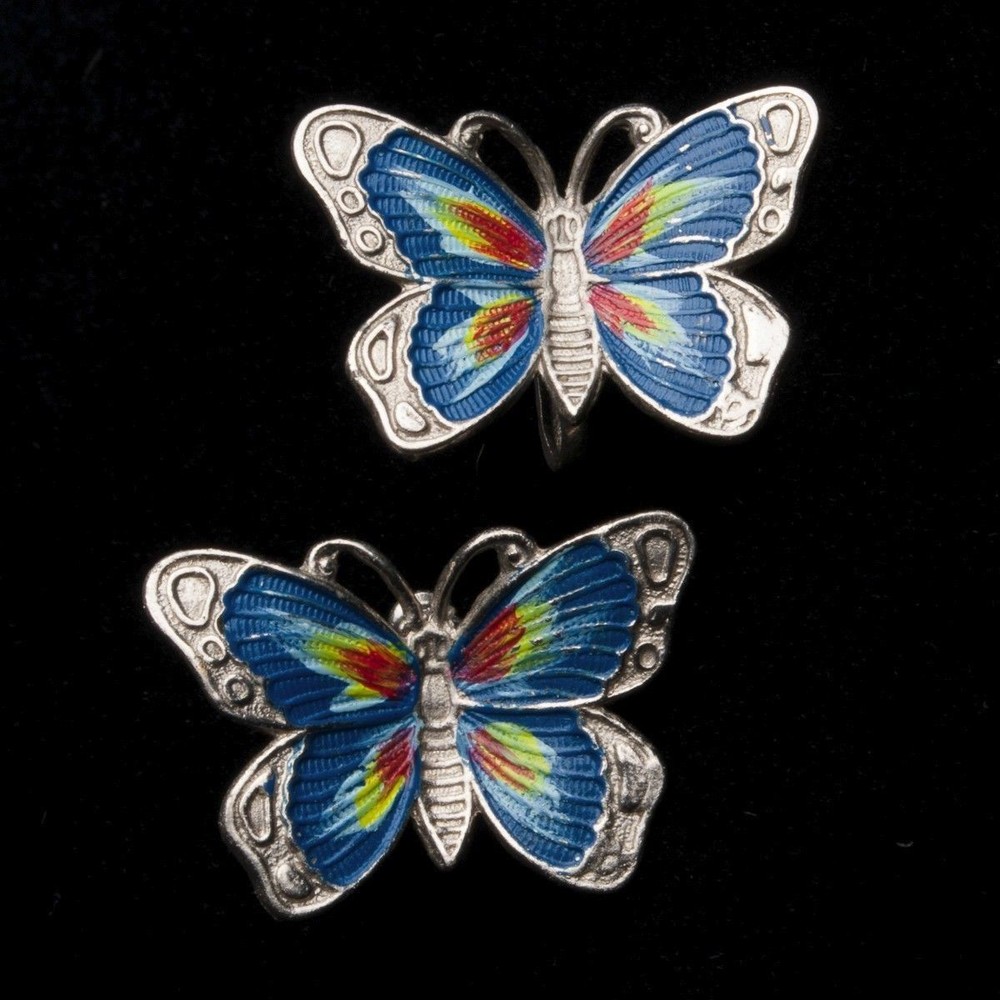 Vintage Silver Butterfly Earrings Hand-Painted Screw-Post Back Non-Pierced Ears