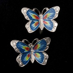 Vintage Silver Butterfly Earrings Hand-Painted Screw-Post Back Non-Pierced Ears