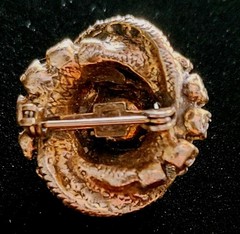 Vintage Aurora Borealis AB Rhinestone Prong Set Swirl Button Brooch Gold Tone