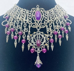 Vintage French DLH DEPOSE Necklace Bib Statement Pewter Purple 14.5″ Costume