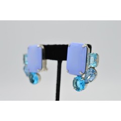 Vintage Cabochon Clip On Earrings Multi Blue Rhinestone Crystal Bezel 1980s W5