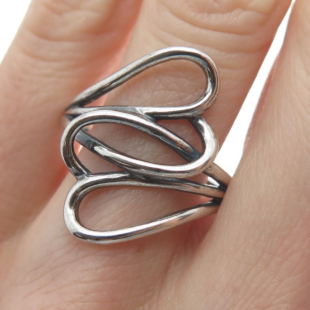 925 Sterling Silver Vintage Interlocked Heart Bypass Ring Size 11.25