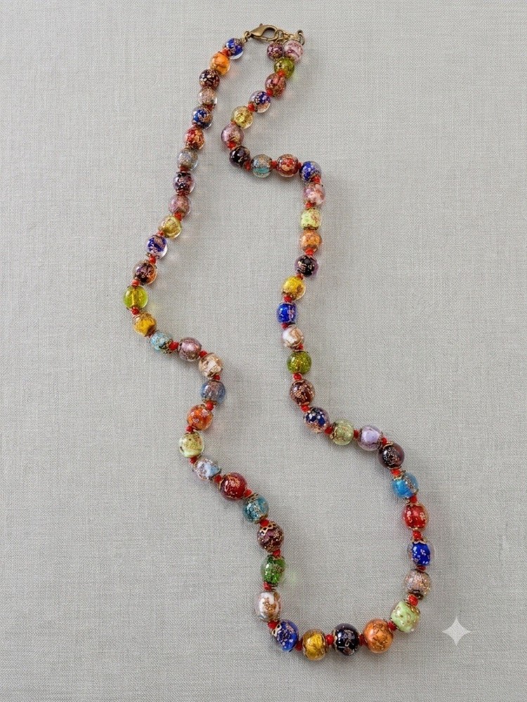 Vintage Venetian Murano Glass Goldstone Gold Foiled Disc Bead Necklace 16.5”