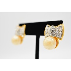 Vintage Crystal Bow Earrings Rhinestone Crystal Pearl Gold Tone 1990s 90s BinAG