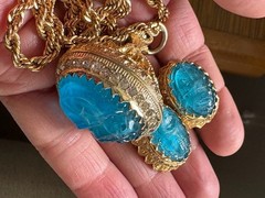 Nettie Rosenstein Carved Glass Fob Necklace earring Demi Paru Gold Tone