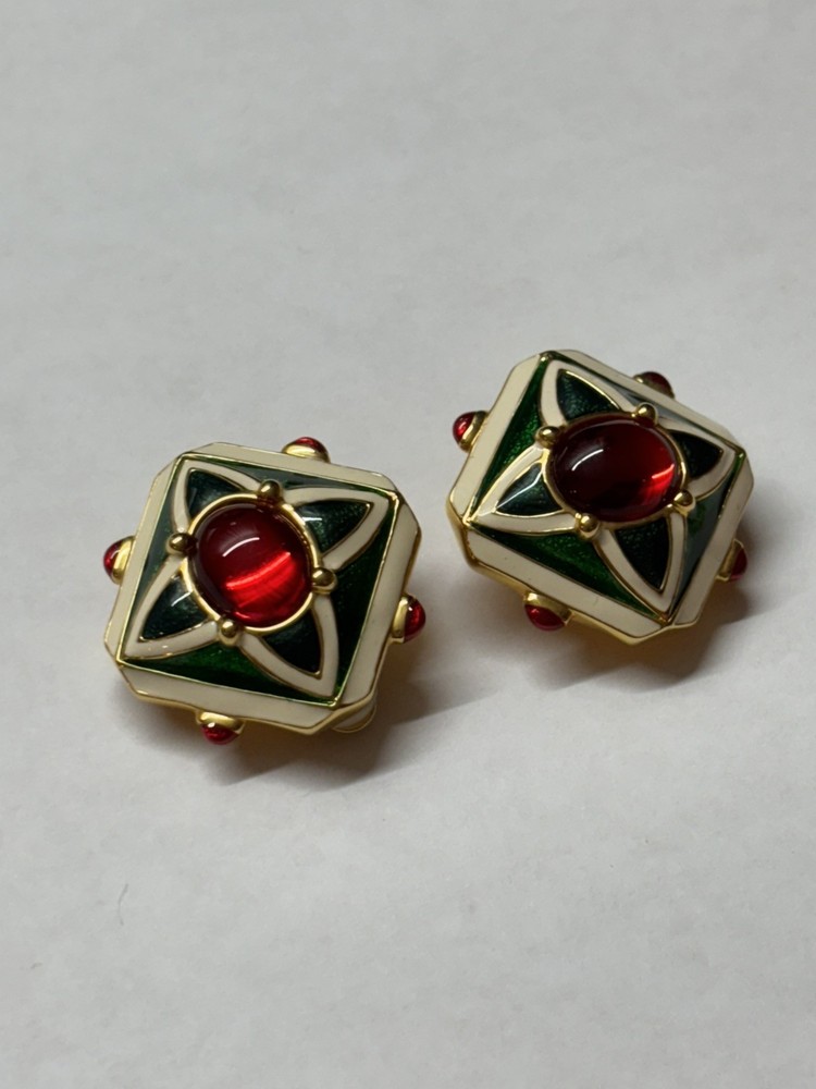 JOAN RIVERS ENAMEL GREEN RED LUCITE CAB CLIP ON EARRINGS SIGNED