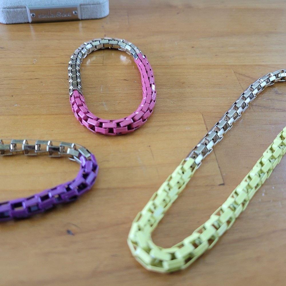 Vintage 80s Color Block Drape Bracelet Lot Pink Purple Yellow Silver Tone
