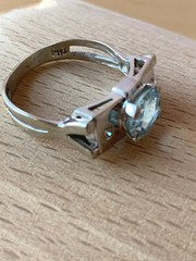 VINTAGE 14K WHITE GOLD AQUAMARINE DIAMOND RING MODERNIST DESIGNER SETTING ITALY