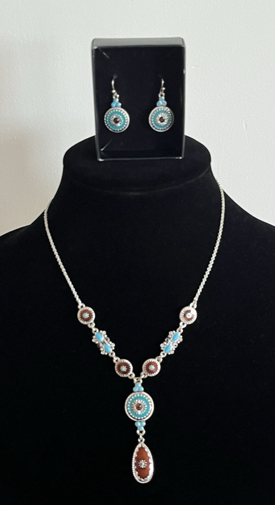 Southwestern Style Enamel Y Necklace and Drop Earring Set Avon