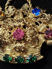 Vintage Czech Brass Toned Floral Basket Brooch Multi-Colored Rhinestones Glass