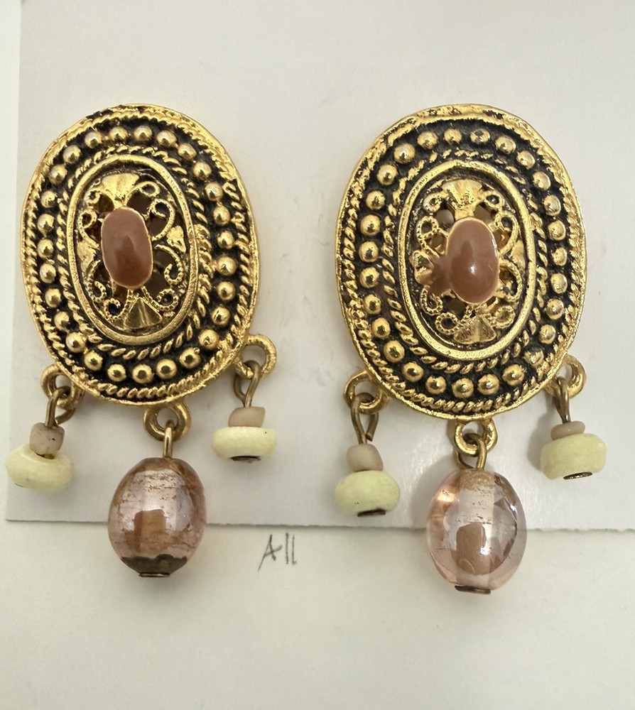 Vintage Filigree Dangle Earrings Gold Tone Boho Ethnic Cabochon Statement