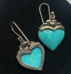 Heart Dangle Earrings Blue Stone Inlay Thailand Vintage Sterling Silver 925 #9