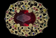 Vtg 1930s Art Deco Celluloid Filigree Brooch Central Red Stone Colorful Accents