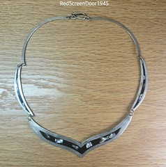 Modernist Albalone & Resin Metal Necklace Vintage 1980s Alpaca Alloy