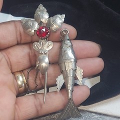 Antique Articulated Koi Fish Chatelaine Pin Red Glass Flower Hand Silver Tone