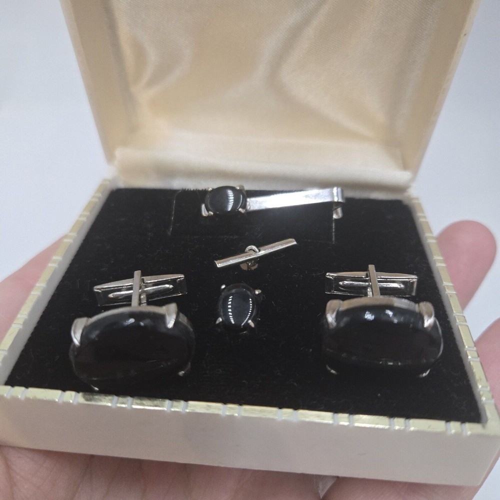 Vintage Black Glass Silver Tone Cufflinks Tie Bar Tie Tack Set In Box Mens Gift